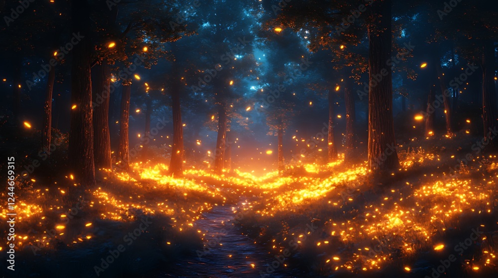 Obraz premium Enchanted forest path, glowing fireflies, night, fantasy, game background