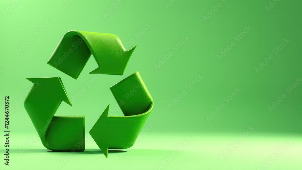 A green recycling symbol made of paper is displayed prominently against a matching green backdrop. The design represents sustainability and environmental awareness in a minimalistic style. Copy space A green recycling symbol made of paper is displayed prominently against a matching green backdrop. The design represents sustainability and environmental awareness in a minimalistic style. Copy space