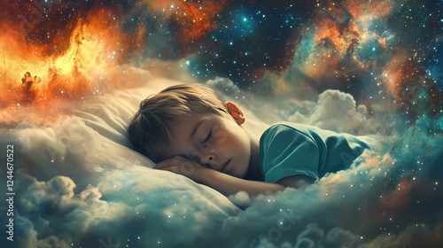 Child sleeping amidst a cosmic backdrop, symbolizing themes of lucid dreaming and astral travel. Astral Projection Themes. Illustration