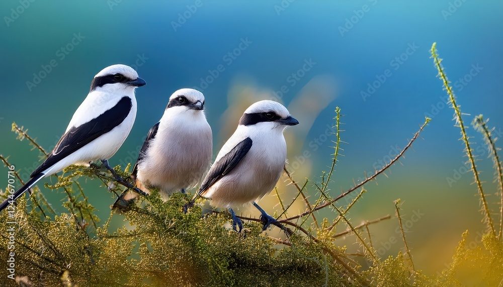 Striking Loggerhead Shrike in Winter Scene, Set Against a Backdrop of Barren Branches and Frosty Ground, Showcasing the Birds Vivid Plumage and Intense Gaze, Captured in a Moment of Wild Beauty. Striking Loggerhead Shrike in Winter Scene, Set Against a Backdrop of Barren Branches and Frosty Ground, Showcasing the Birds Vivid Plumage and Intense Gaze, Captured in a Moment of Wild Beauty.