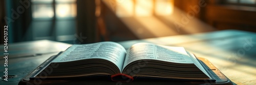 Open book with a serene mood on a wooden table photo