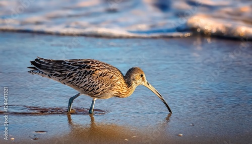 Striking Longbilled Curlew against the Backdrop of Moss Beach State Parks Coastline at Dusk California, Capturing the Mystery and Serenity of a Winter Sunset photo