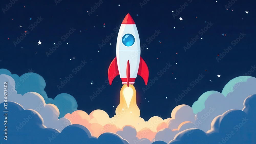 Fototapeta premium A colorful rocket is ascending through fluffy clouds against a starry sky. The rocket's red fins and blue window stand out as it leaves a trail of flame behind, symbolizing adventure.