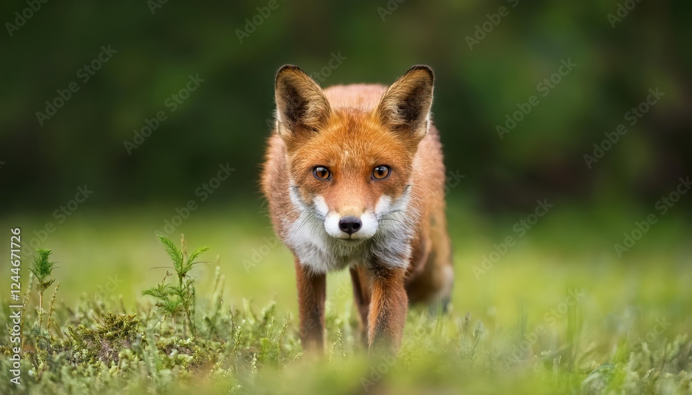 Enchanting Red Fox, Vulpes Vulpes, Gazing Intently with Adorable Eyes in Vibrant Summer Nature Scene, Depicting the Allure of Green Forests and Wildlife. Enchanting Red Fox, Vulpes Vulpes, Gazing Intently with Adorable Eyes in Vibrant Summer Nature Scene, Depicting the Allure of Green Forests and Wildlife.