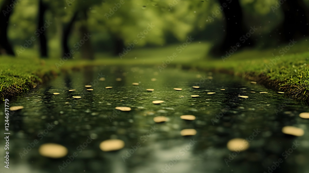 Fototapeta premium Tranquil stream, leaves floating, green forest, serene nature, background blur
