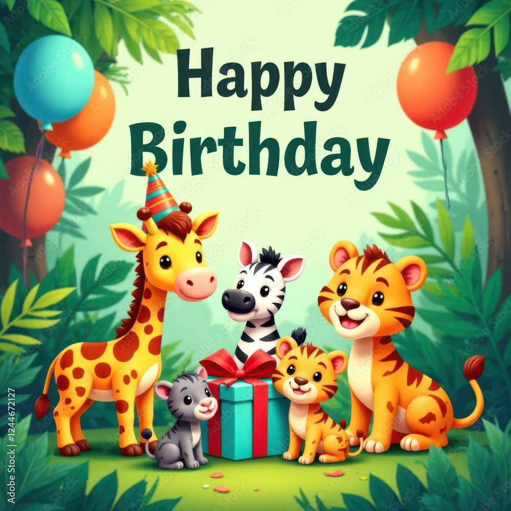In a lush green forest, cheerful animal friends gather excitedly around a gift box to celebrate a birthday. The scene is filled with balloons and festive decorations, creating a joyful atmosphere. In a lush green forest, cheerful animal friends gather excitedly around a gift box to celebrate a birthday. The scene is filled with balloons and festive decorations, creating a joyful atmosphere.