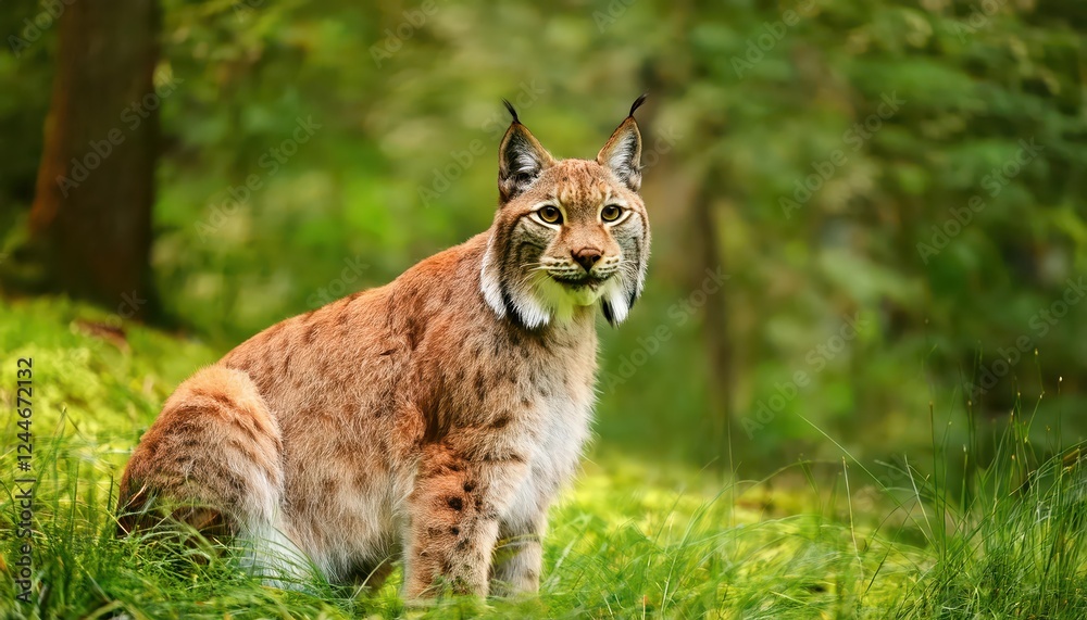 Fototapeta premium Eurasian Wildcat Sitting in a Lush Green Forest Majestic Lynx Captured at Twilight Amidst Verdant Landscape and Mossy Grass, Perfect for Digital Art, Home Decor, or Design Inspiration.