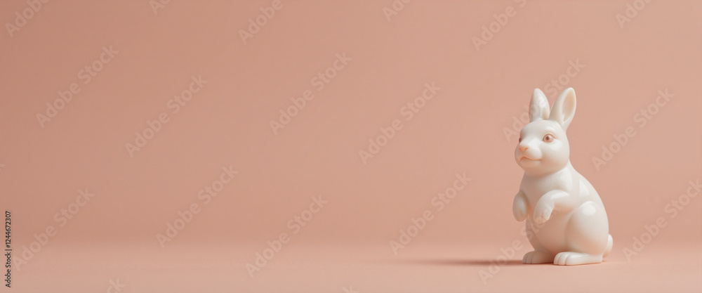 Obraz premium Decorative white ceramic rabbit figurine against a soft peach background conveying a serene mood, symbolizing the Mid-Autumn Festival and the joy of family reunion