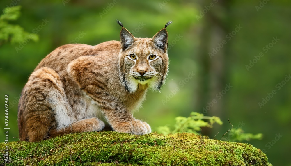 Majestic Eurasian Lynx Perched on Mossy Stone amidst Verdant Forest Backdrop, Capturing the Serenity and Wildness of the Enchanting Woodland Realm Majestic Eurasian Lynx Perched on Mossy Stone amidst Verdant Forest Backdrop, Capturing the Serenity and Wildness of the Enchanting Woodland Realm
