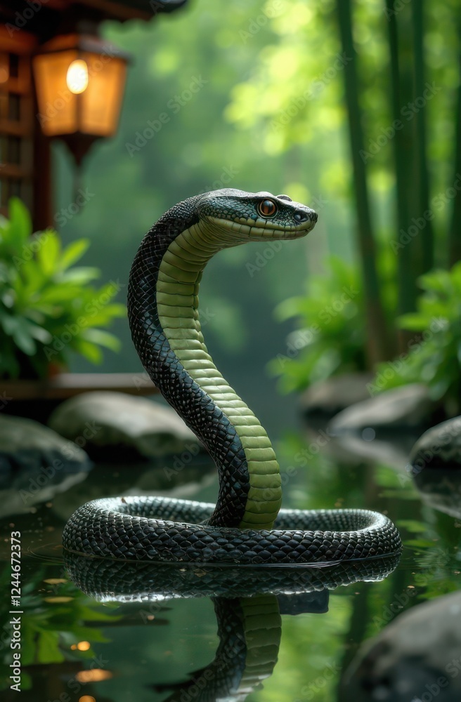 A striking snake rises from the still water, its scales glistening in the soft sunlight. The serene garden backdrop features bamboo and lush plants, creating a peaceful atmosphere.