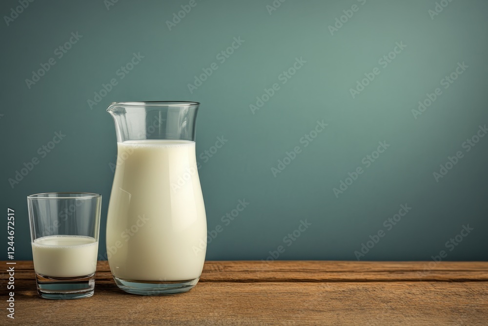 Fresh Milk in a Clear Glass Pitcher and Small Glass on a Wooden Table with Green Background Fresh Milk in a Clear Glass Pitcher and Small Glass on a Wooden Table with Green Background