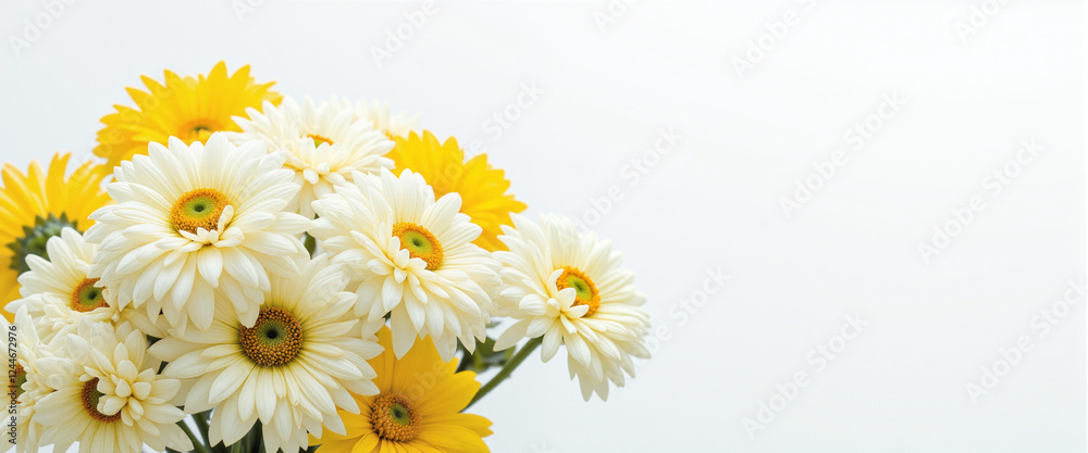 Obraz premium Bright yellow and white daisies in full bloom conveying a cheerful atmosphere, arranged beautifully against a soft, neutral background