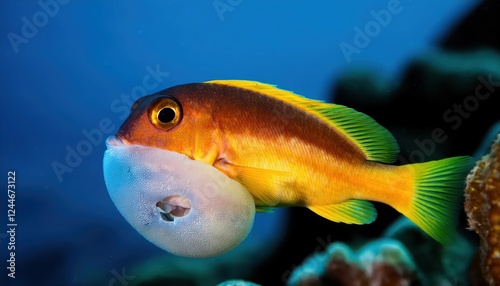 Vivid CloseUp of a YellowHeaded Jawfish Tending to its Clutch of Eggs amidst the Coral Reefs of Little Cayman, Showcasing the Breathtaking Vibrancy and Diversity of Marine Life photo