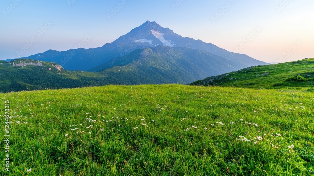 Fototapeta premium Majestic mountain sunrise, alpine meadow, wildflowers, tranquil scene, travel photography