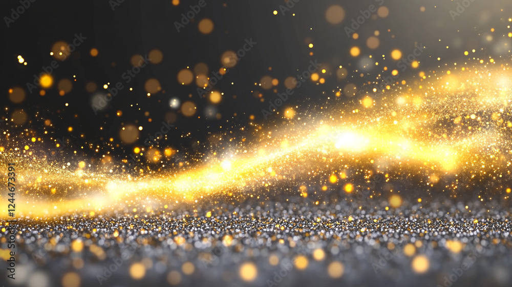 Magical golden glitter explosion captured in mid-air, creating a dreamy festive background with shimmering bokeh lights Magical golden glitter explosion captured in mid-air, creating a dreamy festive background with shimmering bokeh lights