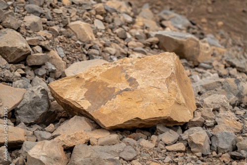 Large brown boulder on rocky terrain in natural landscape photo