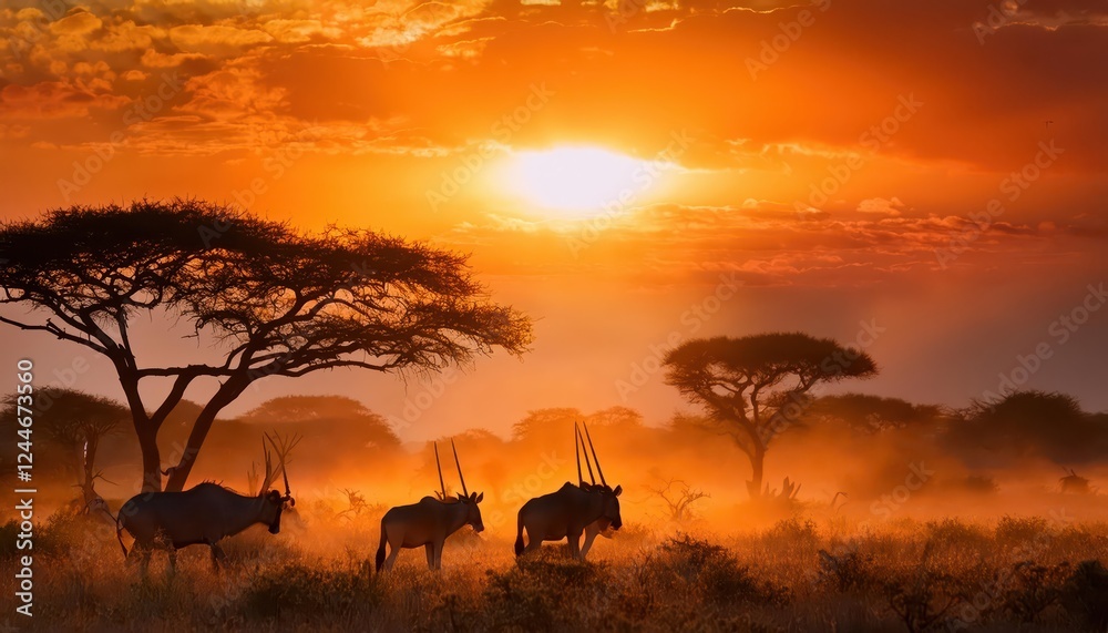 Vibrant Serengeti Sunset Illuminates Majestic Wildlife Gathering, a Stunning Spectacle of African Savannahs Rich Palette and Abundance. Vibrant Serengeti Sunset Illuminates Majestic Wildlife Gathering, a Stunning Spectacle of African Savannahs Rich Palette and Abundance.