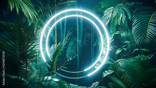 Glowing neon circle in lush jungle setting illuminates tropical foliage at night