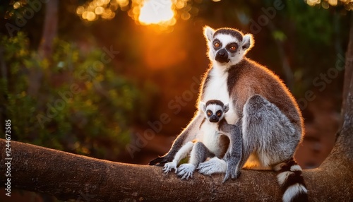 Cute Young Ringtailed Lemur Family in the Enchanting Madagascar Wilderness, Captured amidst the Vibrant Colors and Striking Textures of Lemur Cattas Natural Habitat.