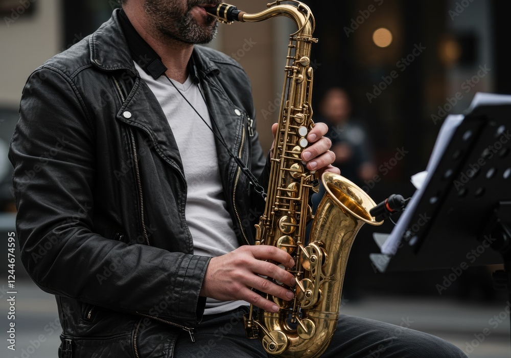 Obraz premium Street musician playing saxophone in urban setting with leather jacket