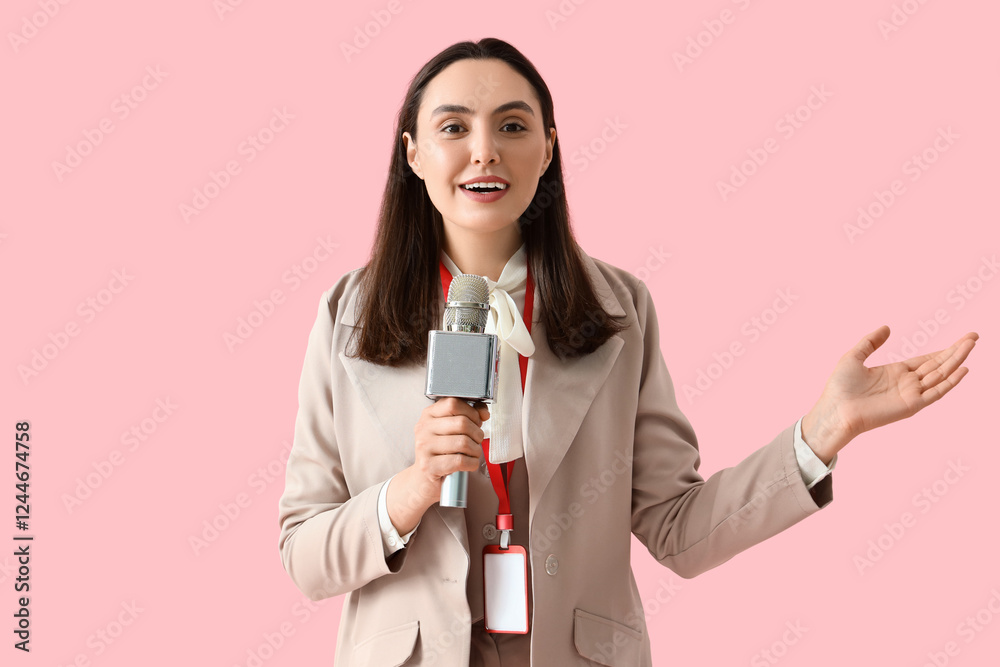 Female reporter with microphone on pink background Female reporter with microphone on pink background
