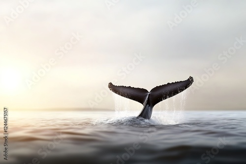 Whale tail rising from ocean waters at sunrise