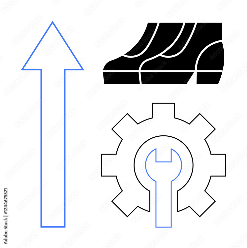 Blue arrow pointing upward, shoes, and gear with wrench. Ideal for growth, progress, improvement, development, productivity teamwork strategy. Abstract line flat metaphor Blue arrow pointing upward, shoes, and gear with wrench. Ideal for growth, progress, improvement, development, productivity teamwork strategy. Abstract line flat metaphor
