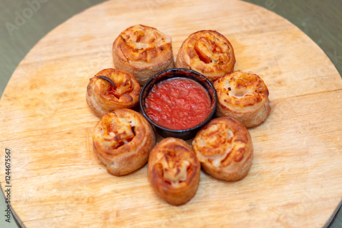 Rollitos de pepperoni con queso y salsa de tomate en un tabla de madera photo