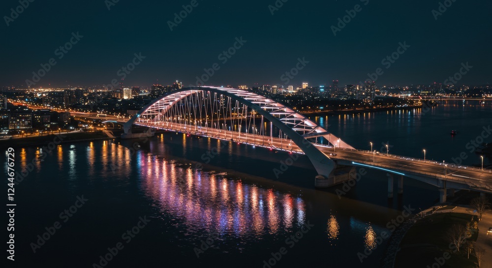 Obraz premium Illuminated urban bridge over river at night with city skyline in background