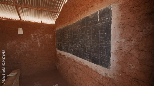 Primitive building made of sticks and clay is used as school in poor savannah community. Many primary schools have significant shortage of qualified teachers especially in rural areas