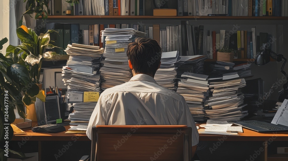 Back view of an office worker looking at a pile of work on his desk.
