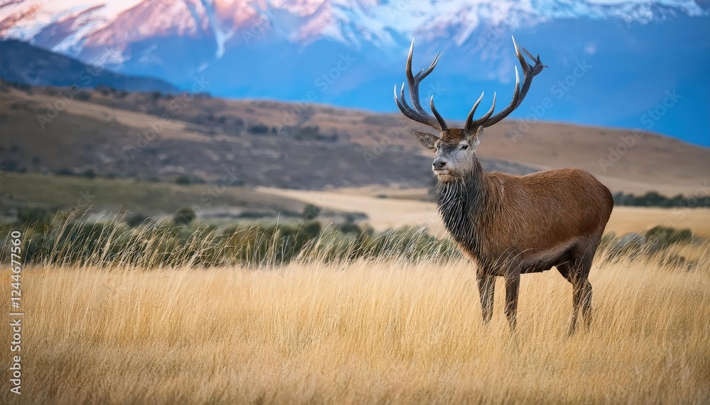 Fototapeta premium Majestic Stag Roaming in the Grazing Plains of Sierra Morena A Captivating Wilderness Moment at Dusk