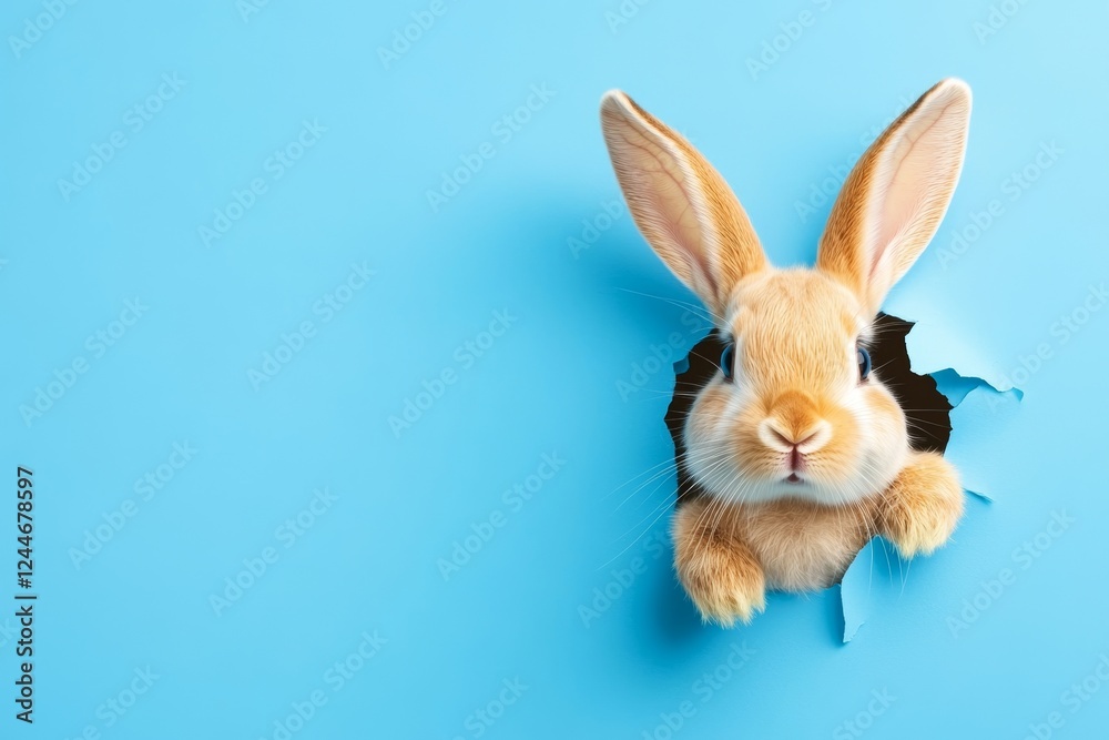 Obraz premium Rabbit is peeking out of a hole in a blue background