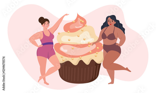 Beautiful women bikini posing near big cake. Body positive and love your body