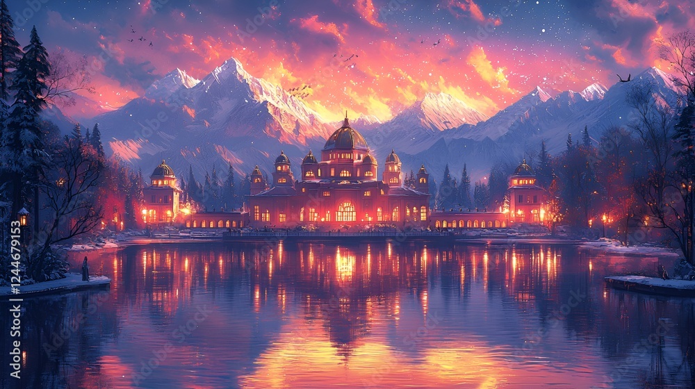 Fototapeta premium Majestic palace, winter sunset, mountains, lake reflection, fantasy artwork