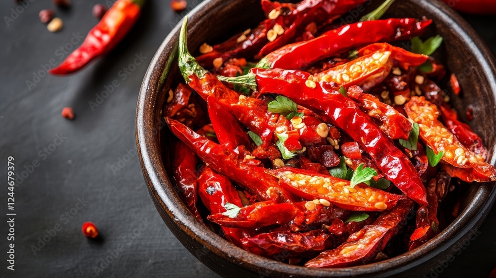 Spicy Chili Pepper Bowl: A rustic bowl overflows with vibrant red chili peppers, their glistening surface hinting at fiery heat. The peppers are scattered with fragrant spices and herbs. Spicy Chili Pepper Bowl: A rustic bowl overflows with vibrant red chili peppers, their glistening surface hinting at fiery heat. The peppers are scattered with fragrant spices and herbs.