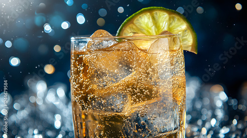 A glass of ginger ale with ice cubes and a slice of lime, served in a glass tumbler with bubbles rising from the bottom.