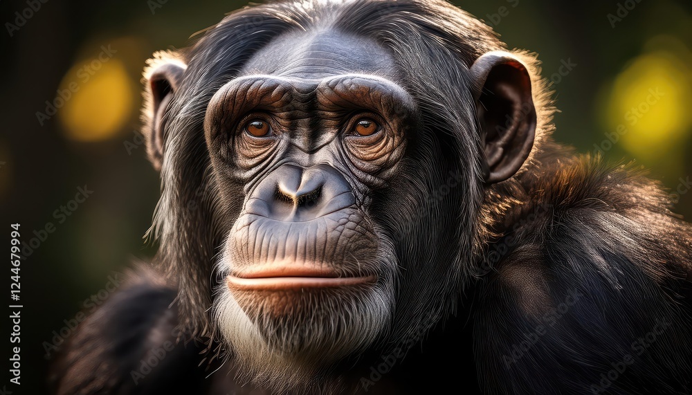 Intense Gaze of a Majestic Male Chimpanzee Amidst a Vibrant Tropical Rainforest, With Rich Greens and Dappled Shadows, Showcasing the Natural Beauty and Complexity of Primates in their Native Intense Gaze of a Majestic Male Chimpanzee Amidst a Vibrant Tropical Rainforest, With Rich Greens and Dappled Shadows, Showcasing the Natural Beauty and Complexity of Primates in their Native