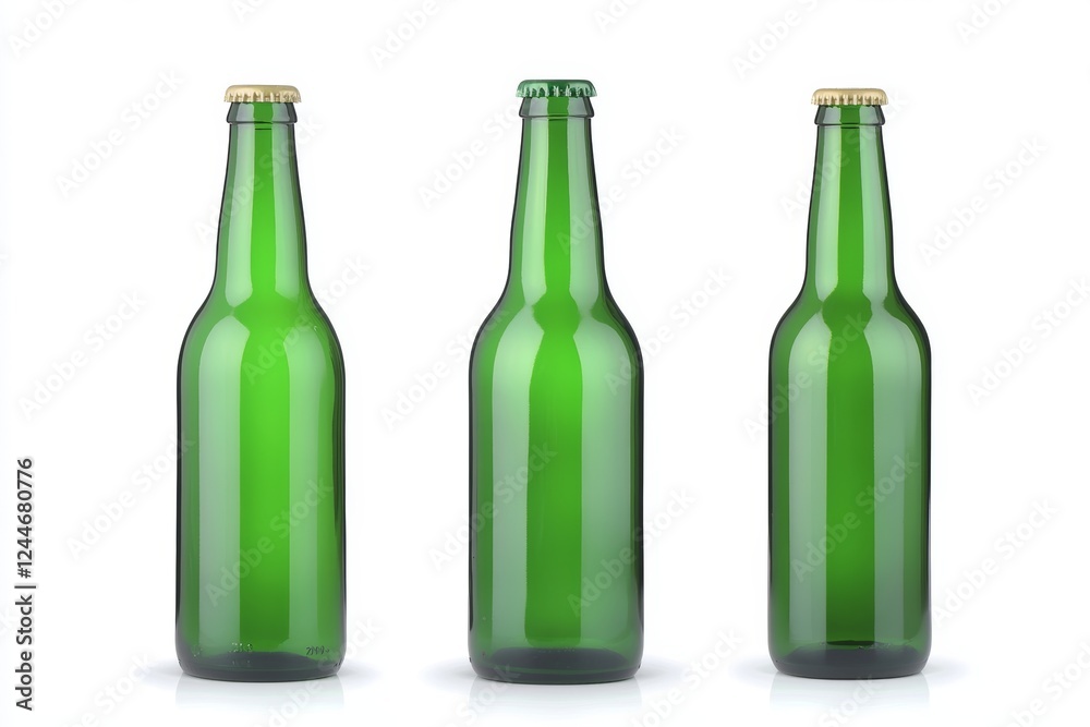 Three green bottles of beer are shown on a white background Three green bottles of beer are shown on a white background
