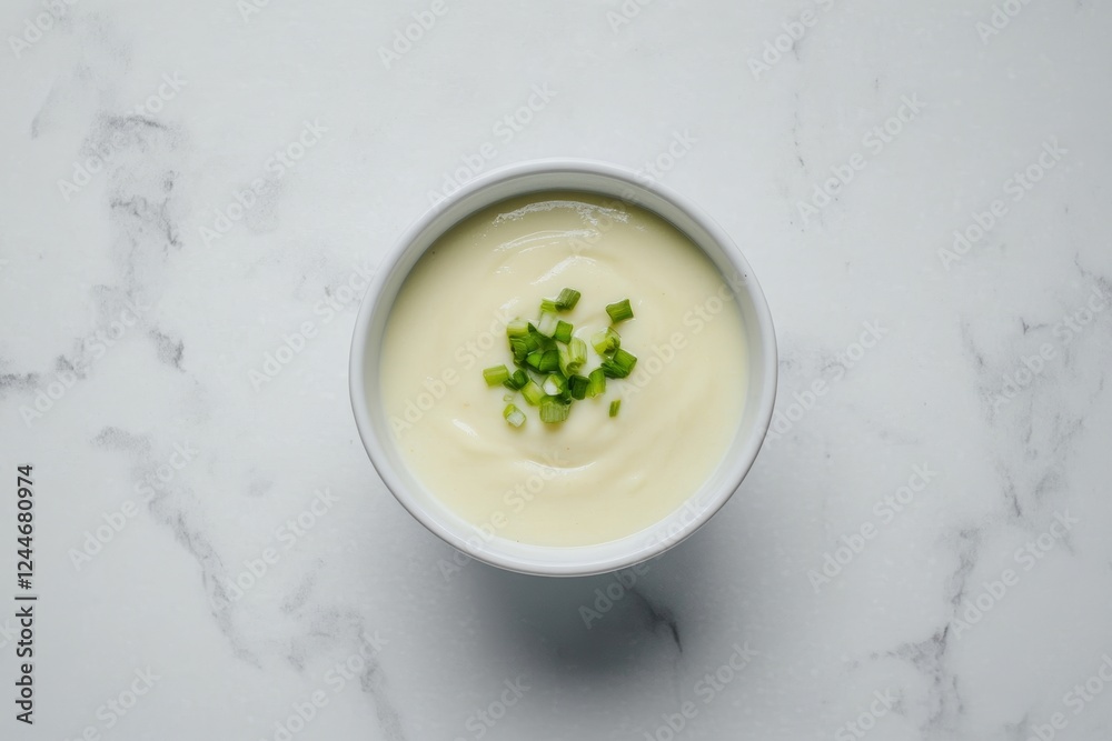 White bowl of creamy soup with green onions on top White bowl of creamy soup with green onions on top