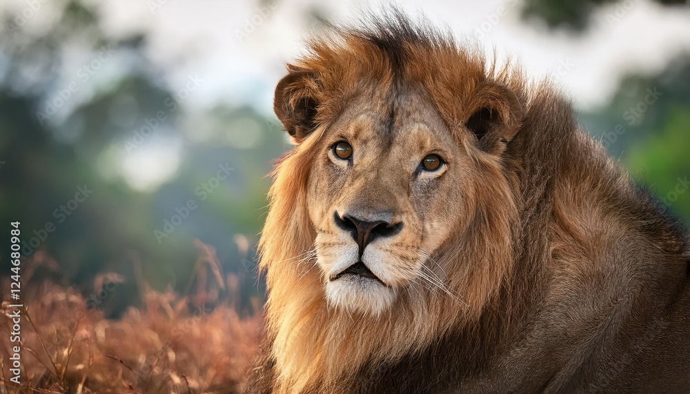 Obraz premium Majestic Closeup of a Regal Indian Lion in the Wilderness of Bannerghatta Forest, India Captured during the Golden Hour with a Warm Glow and Intense Gaze
