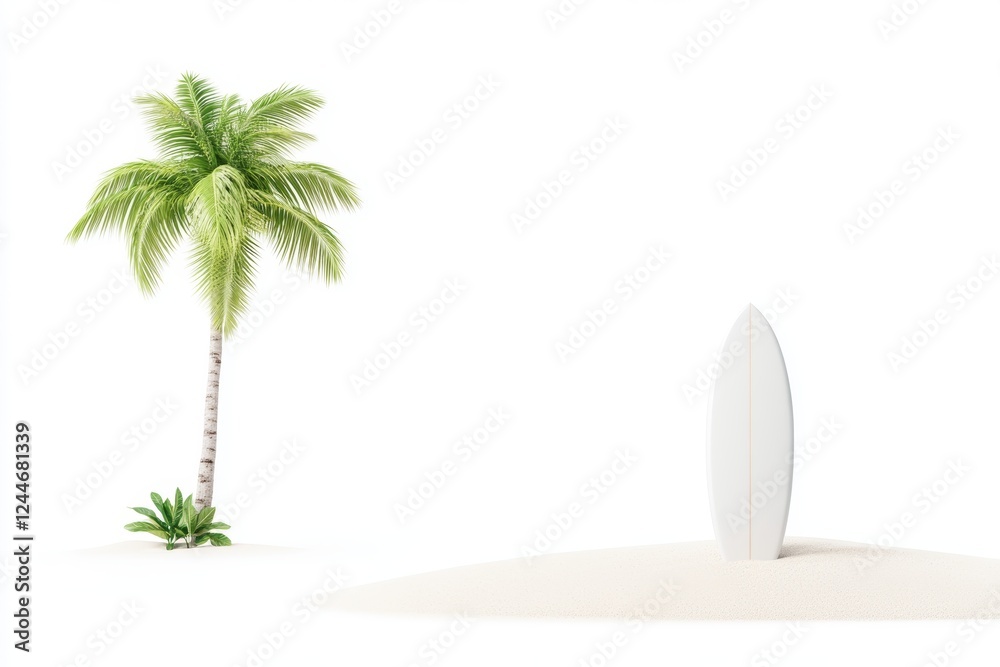 Obraz premium Palm tree is next to a white surfboard