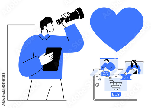 Man using a telescope and holding a tablet, with e-commerce icons and a large heart symbol. Ideal for e-commerce, online shopping, customer satisfaction, digital marketing, user experience, loyalty