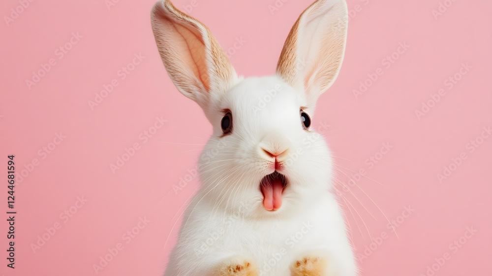 Obraz premium Portrait of a white cute rabbit with surprised expression on a pink background,surprised looking rabbit