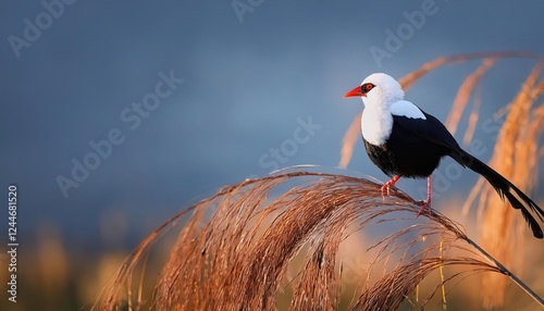 Striking Male Longtailed Widowbird in Flight over Savannah Grassland, Pilanesberg National Park at Sunset, Showcasing Vibrant Feathers and Aerial Grace. photo