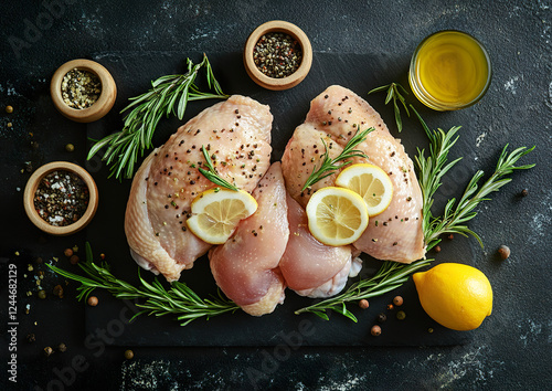 Bresse chicken featuring tender and juicy meat, showcased on a neutral background, professional food photograph with an artistic arrangement. photo