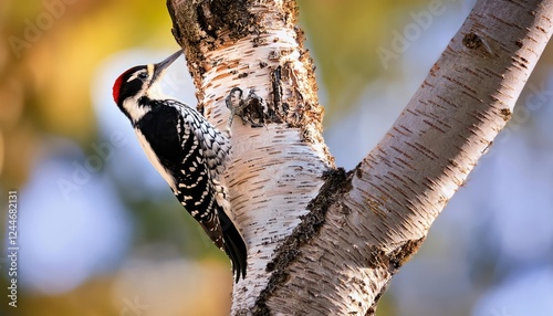 Vibrant Encounter Nuttalls Woodpecker in Action Amidst a Winter Birch Canopy in Urban San Francisco photo