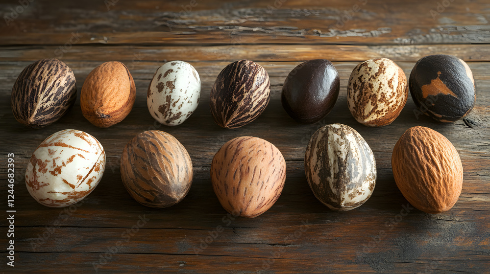 A group of almonds arranged on a wooden table, each almond showcasing unique textures and subtle color variations, with the natural light enhancing their features. A group of almonds arranged on a wooden table, each almond showcasing unique textures and subtle color variations, with the natural light enhancing their features.