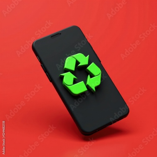 A sleek black smartphone stands against a bright red backdrop, featuring a bold green recycling symbol on its surface, emphasizing the importance of eco-friendly technology in the modern world. photo