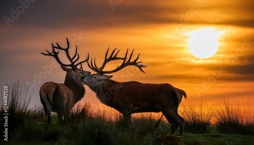 Powerful Rutting Red Deer Stags Clash Antlers in British Woodland During the Peak of Rutting Season, showcasing a Majestic Display of Strength and Courage at Twilight.